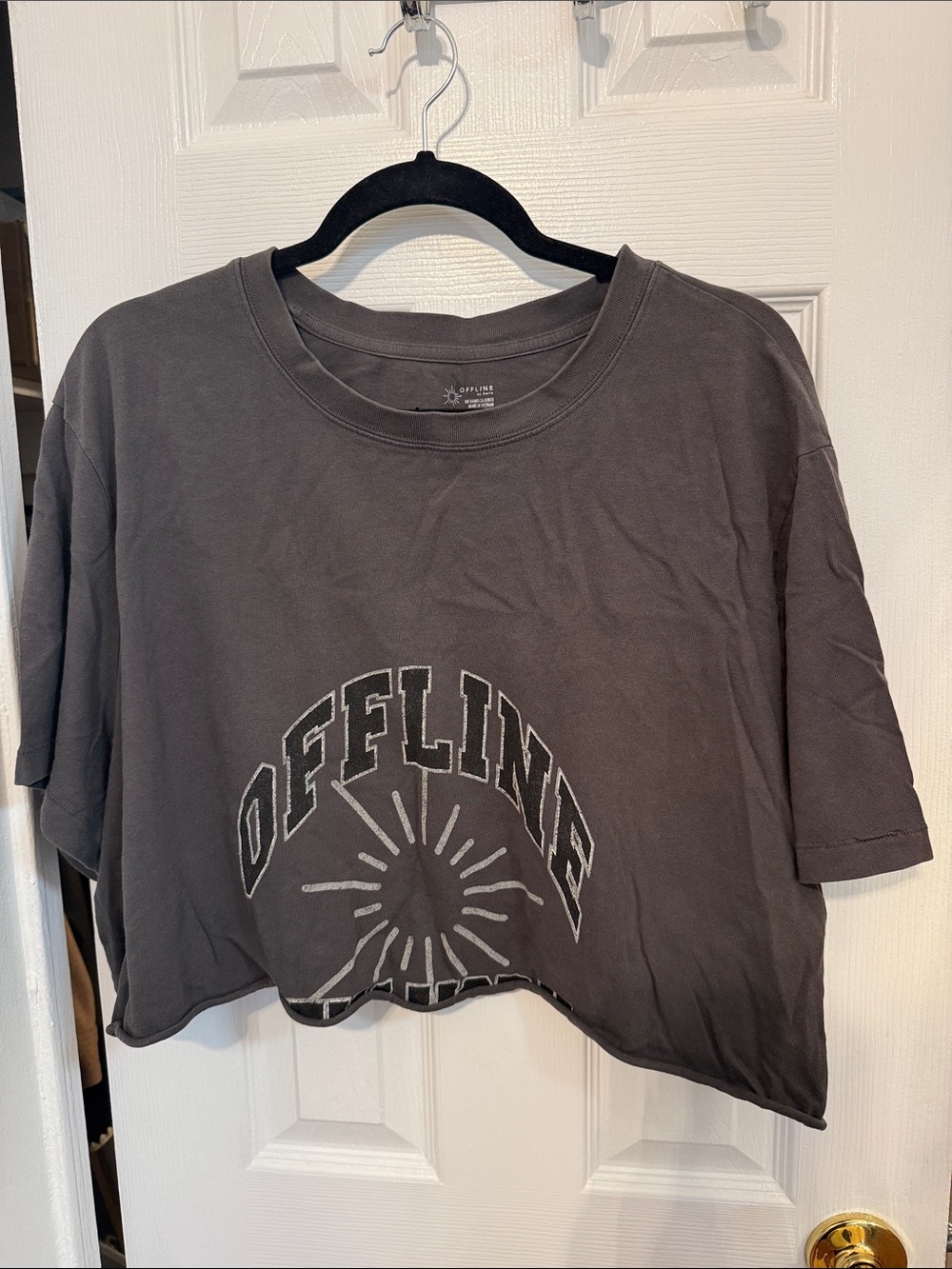 Offline by Aerie Charcoal Cropped Graphic Tee with 'OFFLINE' Print